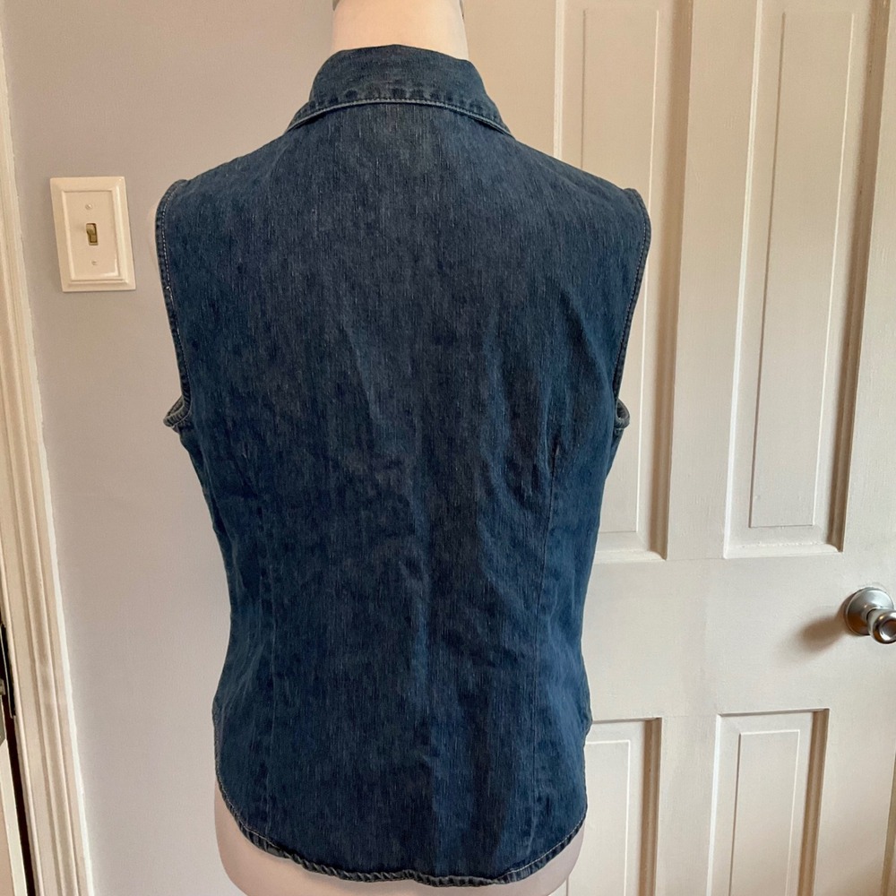 Vtg At Last Classics Women Large Sleeveless Pearl Snap Shirt Blue Denim Collared - Picture 3 of 8